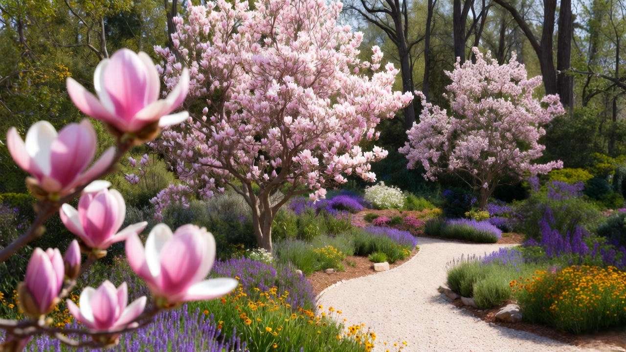 Landscaped garden with pink magnolia trees and lavender companion plants".