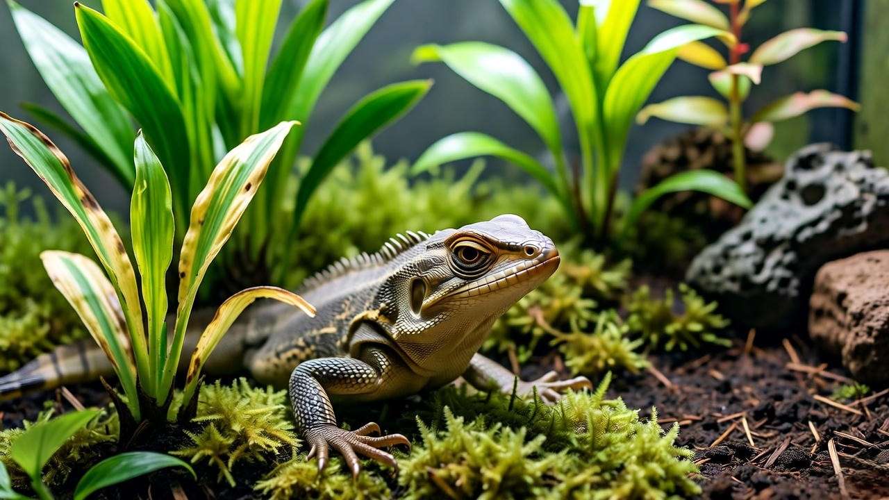 Poorly maintained vivarium with mold and yellow leaves next to a healthy plant section."