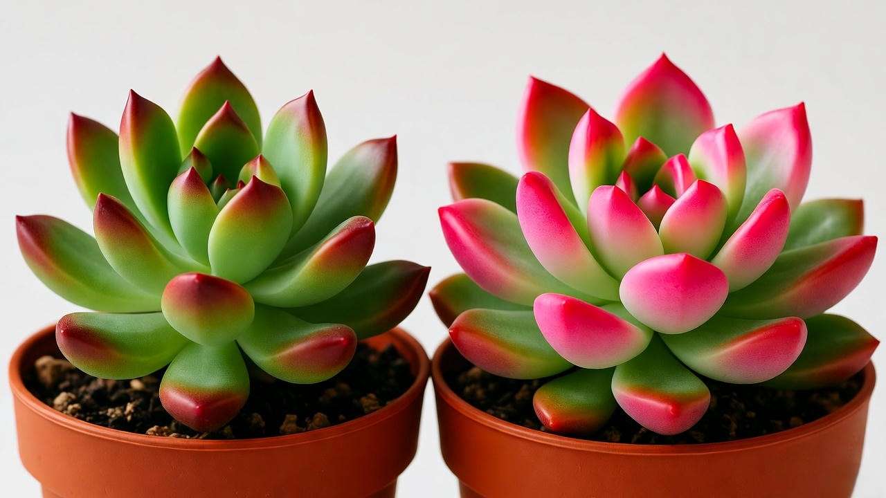 Neon Sedum Aurora vs standard jelly bean plant side-by-side comparison showing vibrant pink tips