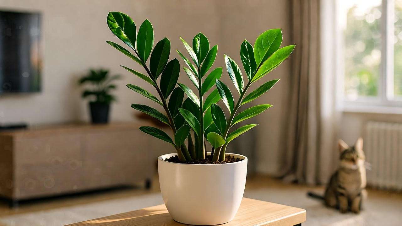 ZZ plant on high shelf with pet safely in background for safe placement
