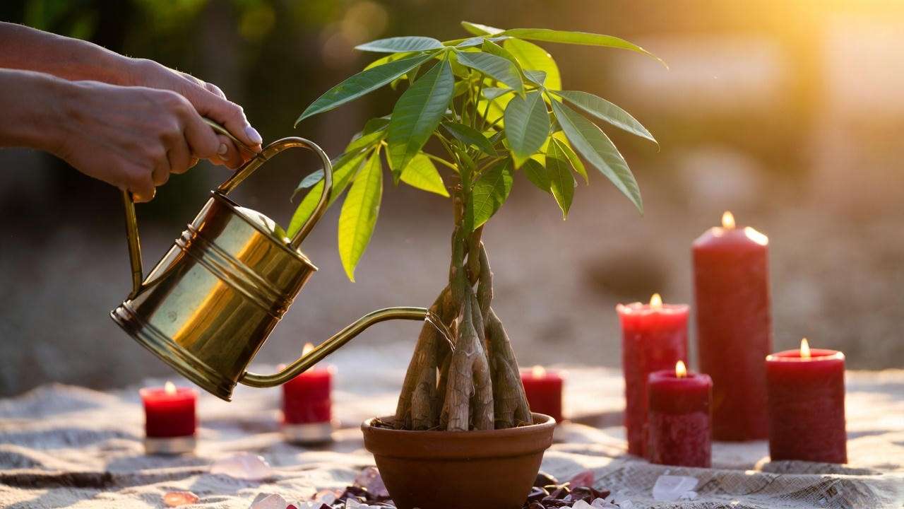 Mindful watering ritual with intention for feng shui plant prosperity