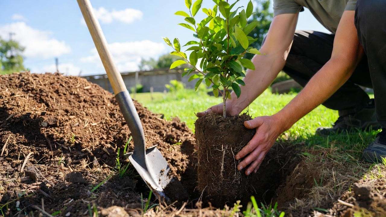 "Gardener planting a Gurneys tree with shovel and compost in sunny backyard".