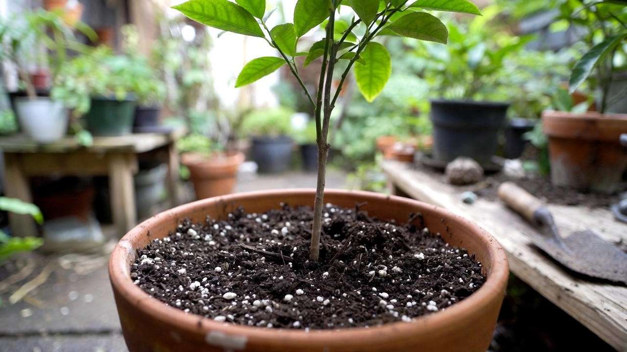 "Potted lemon lime citrus tree in well-draining soil with compost and gardening tools on a patio."