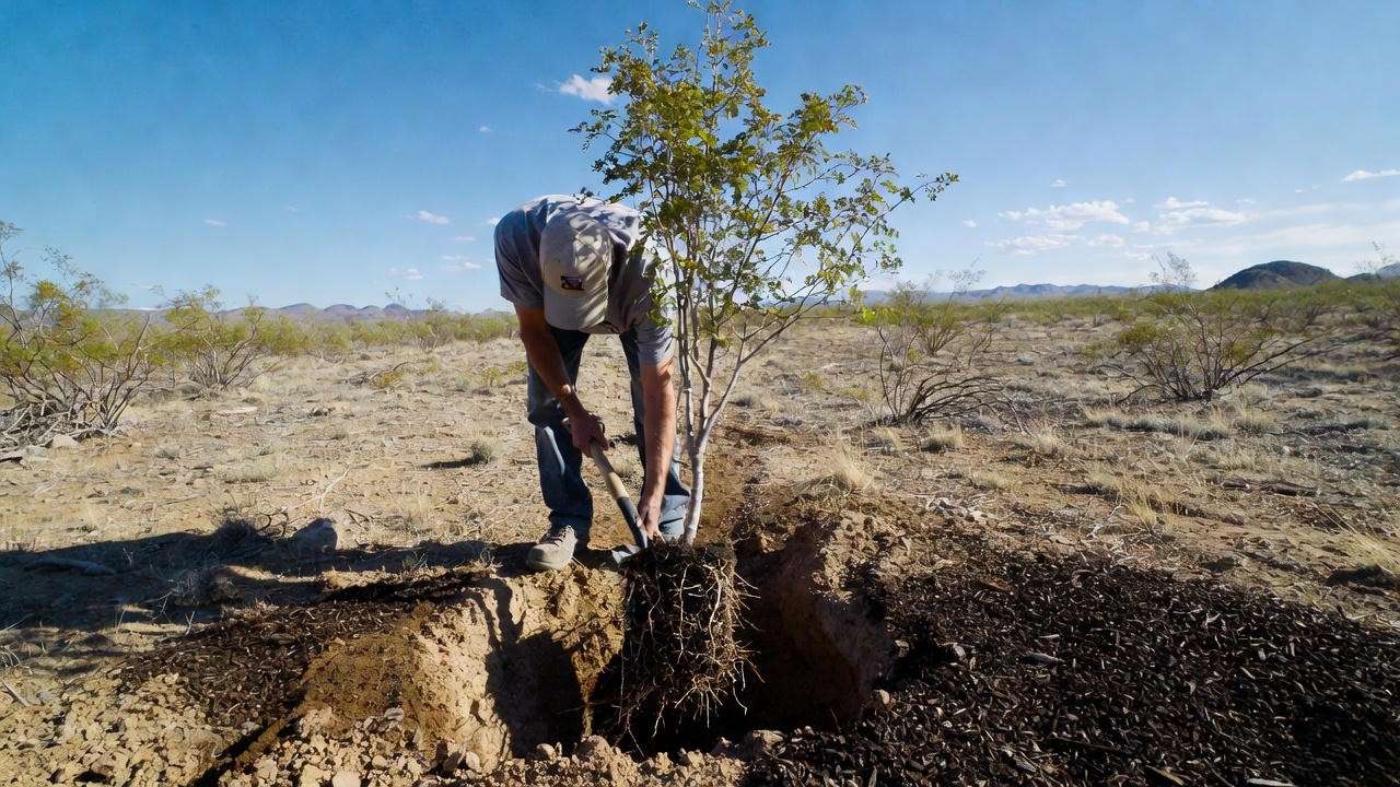 Person planting an Arizona ash tree in sandy soil with organic compost in a desert landscape".