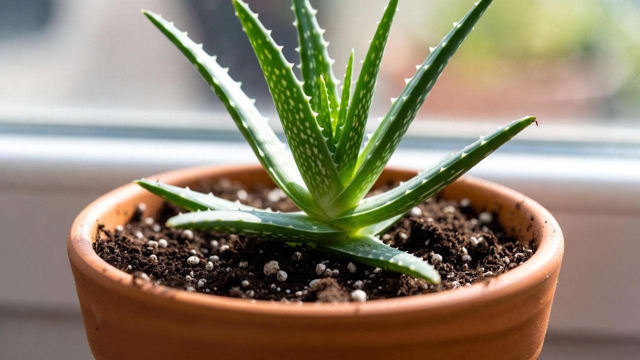 Freshly repotted aloe vera in terracotta pot with perfect soil level