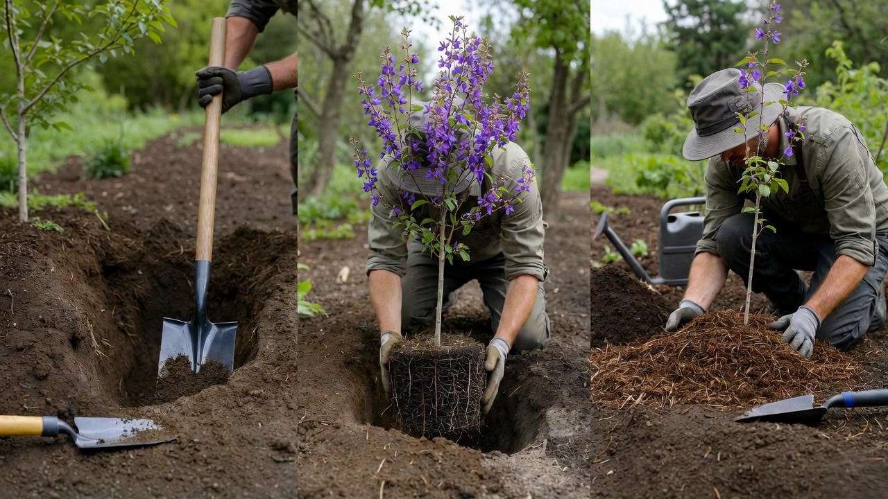 "Step-by-step planting of a purple-flowering tree with gardener and tools."