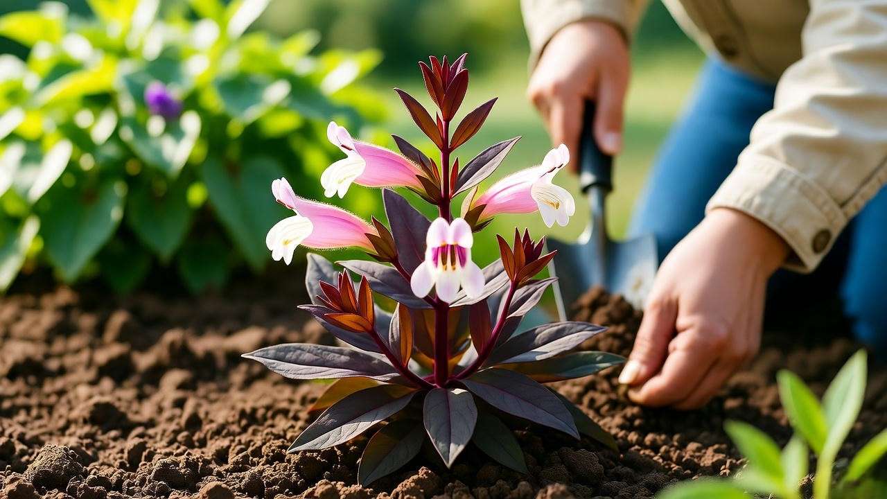 Close-up of Husker Red Penstemon planting with compost in well-drained soil"
