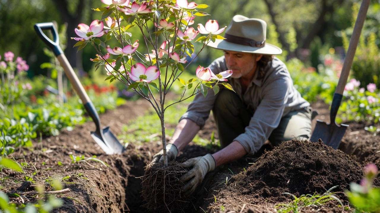Gardener planting a pink dogwood tree with compost in a sunny garden".