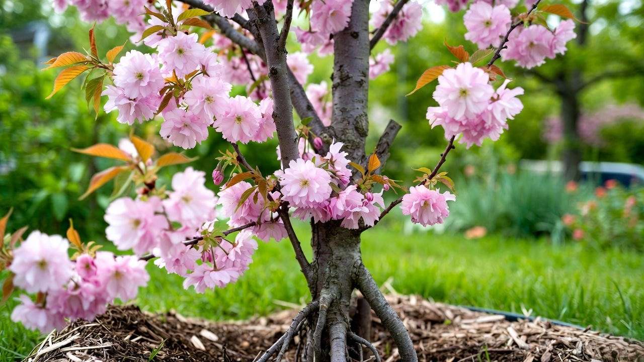 Cherry blossom tree planting guide with visible root flare and mulch ring in a lush garden."