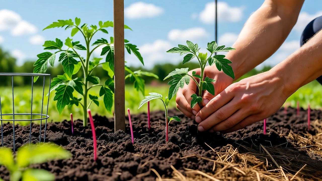 Gardener planting pink tomato seedlings with stakes and compost in a sunny garden."