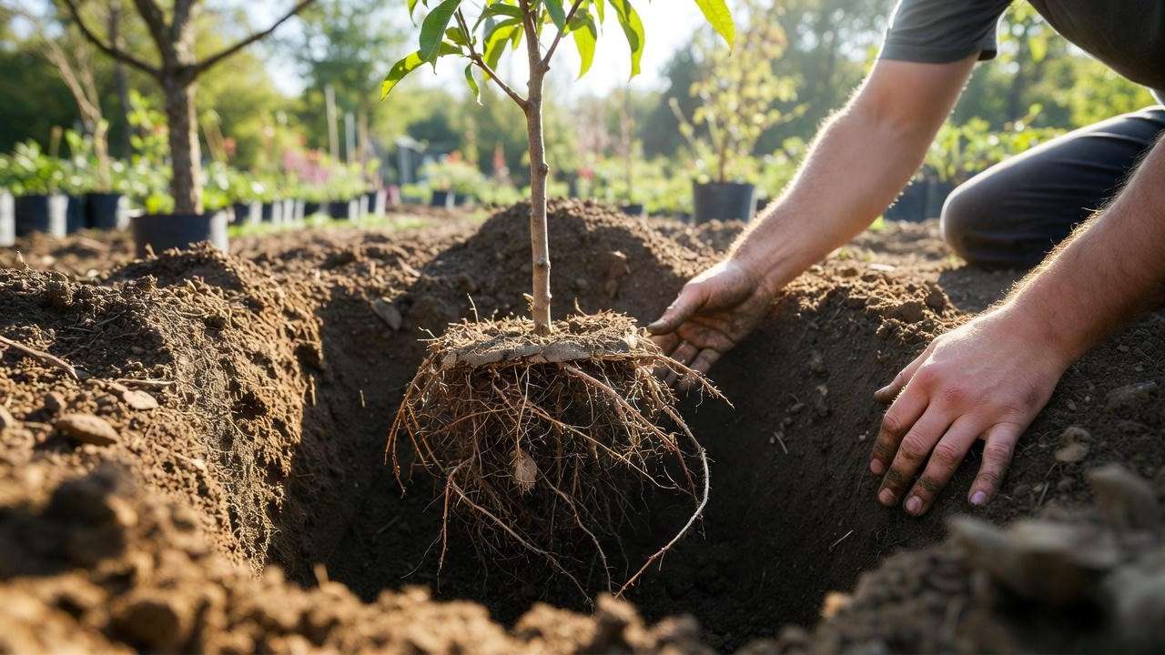 Step-by-step planting of a bare root peach tree with spread roots and backfilled soil in a garden."