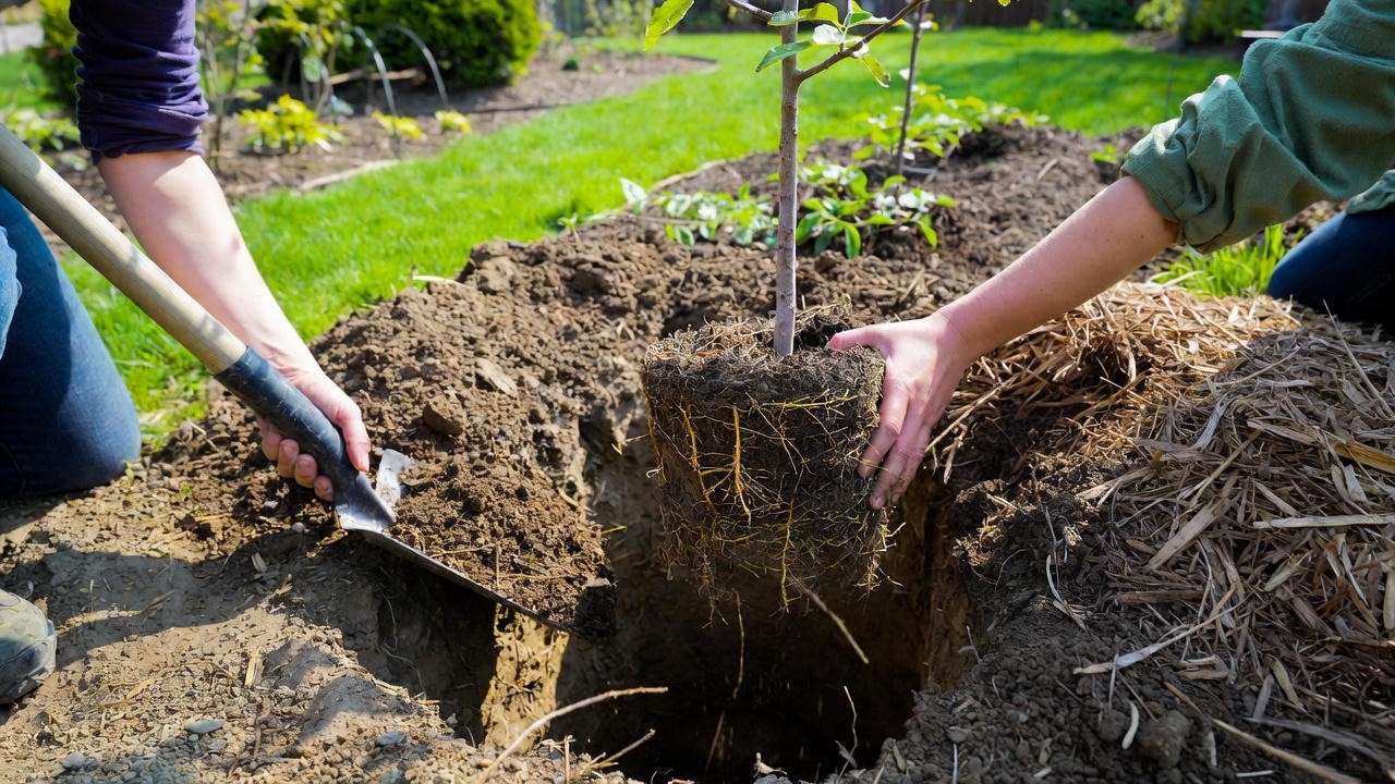 Step-by-step guide to planting a crabapple tree with digging, root positioning, and mulching in a sunny garden."