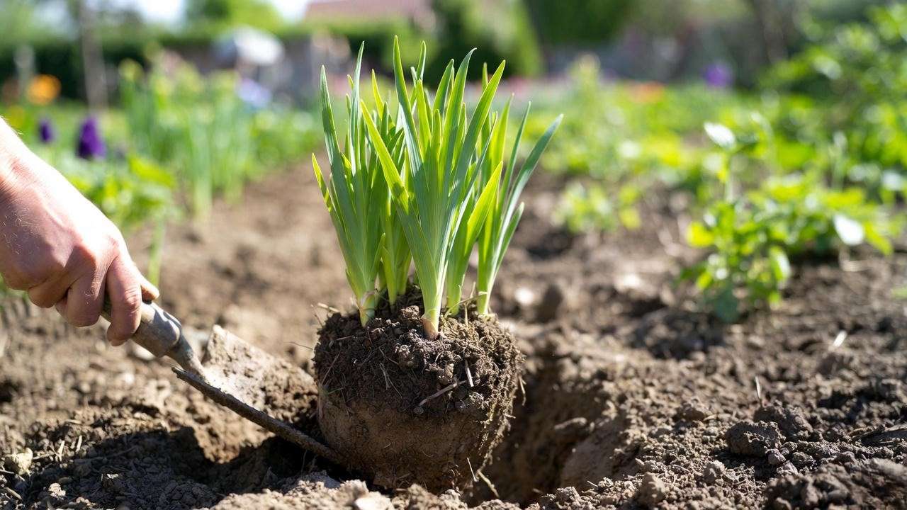 Close-up of Regina Iris plant being planted with rhizome in well-drained soil and trowel."