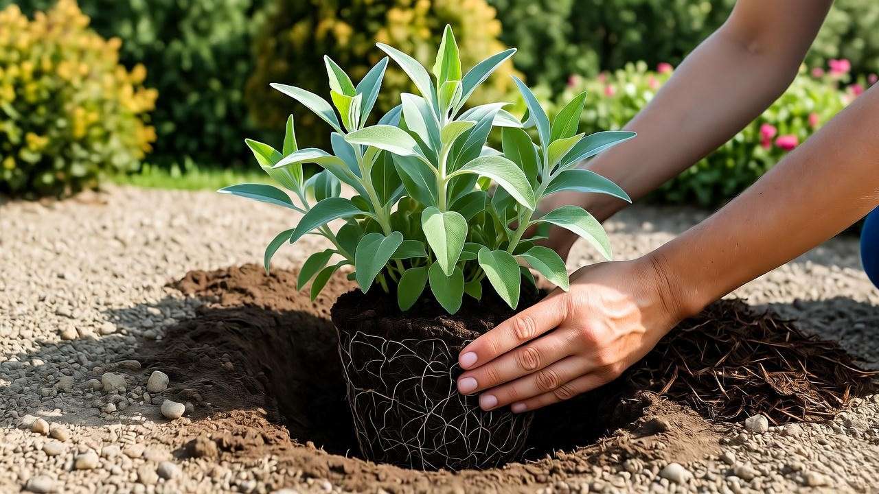 Step-by-step planting of Russian Sage in well-draining soil with mulch and sunlight."