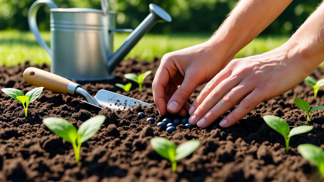 Gardener planting navy bean seeds with watering can and sprouting seedlings in sunny backyard."