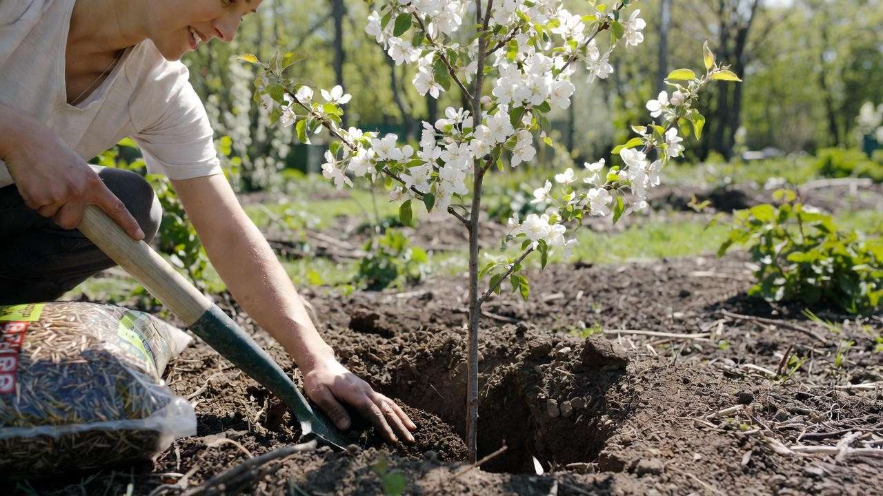 "Person planting a Spring Snow Crabapple tree with compost in a sunny garden".