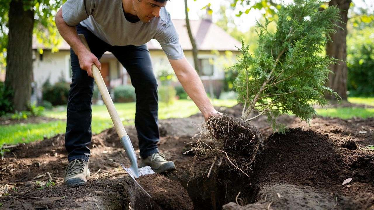 "Step-by-step cedar tree planting with proper hole digging and spacing from a house."