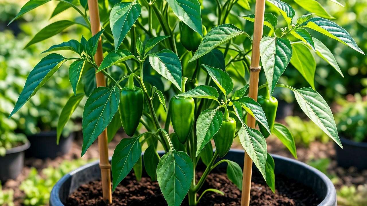 Shoshito pepper plant in a container with staking support in a sunny garden".