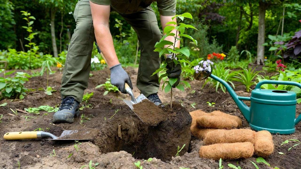 Gardener planting an aromatic evergreen tree with compost and mulch in a lush garden".