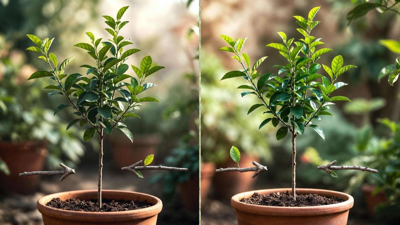Correct vs incorrect planting depth and root flare exposure for trees in large terracotta pots