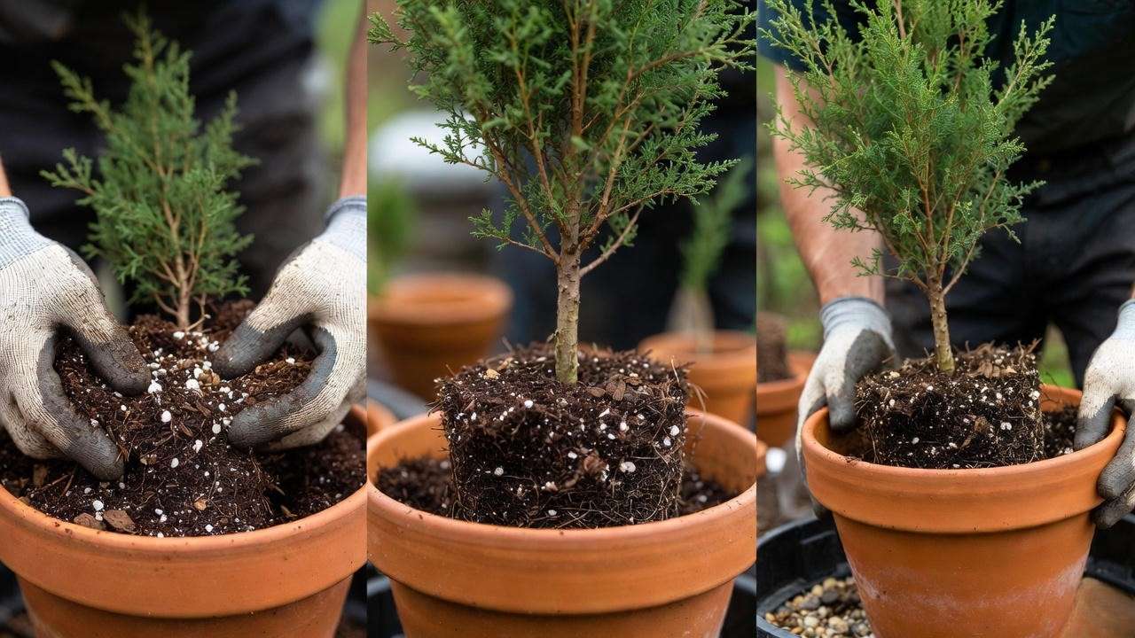 Step-by-step guide to planting a dwarf cypress tree in a pot with custom acidic soil mix and proper graft union placement.