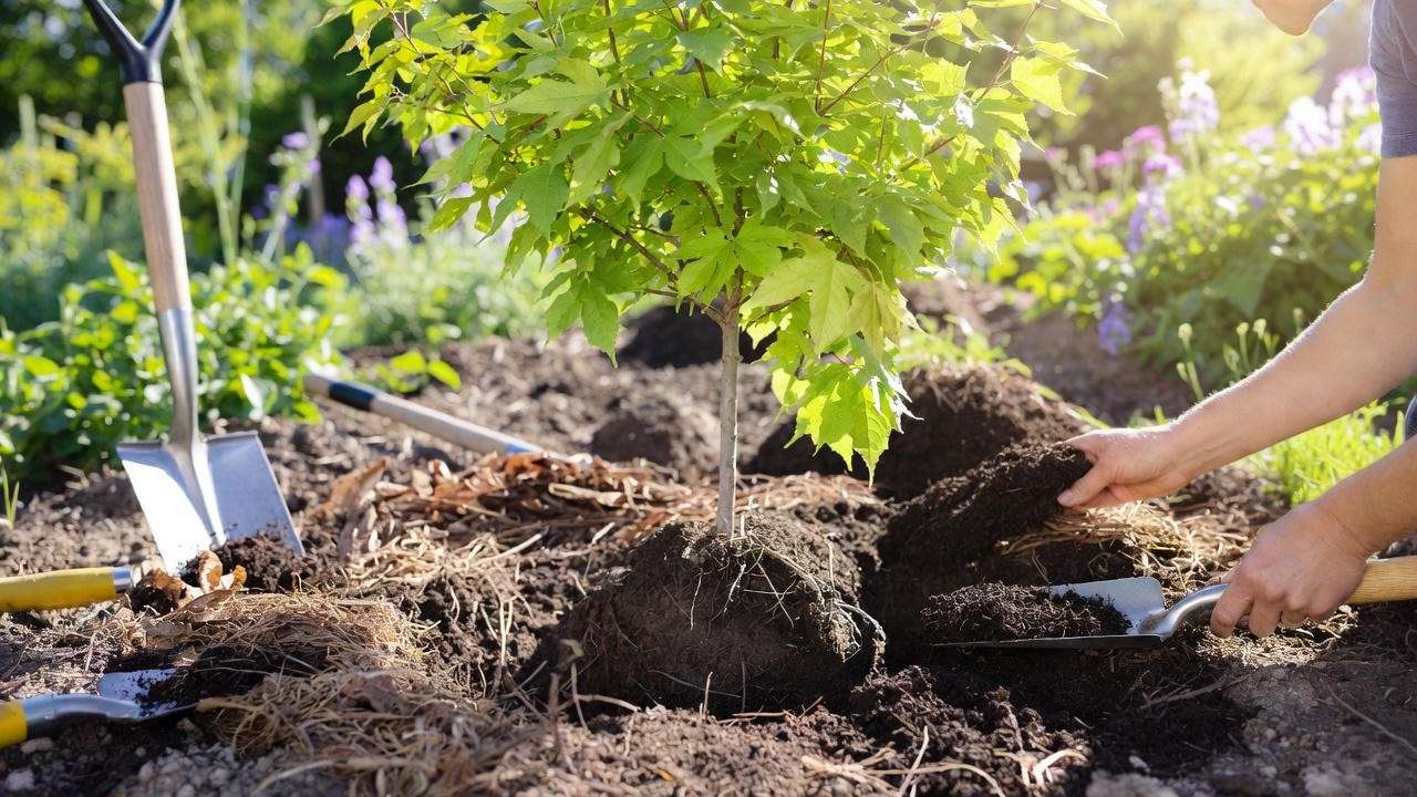 Gardener planting a Hot Wings Maple Tree with compost and mulch in a sunny garden".