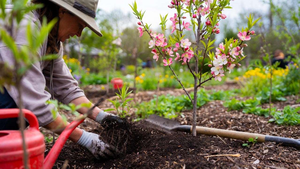 Gardener planting a Peppermint Flowering Peach Tree with shovel and mulch in a sunny garden."