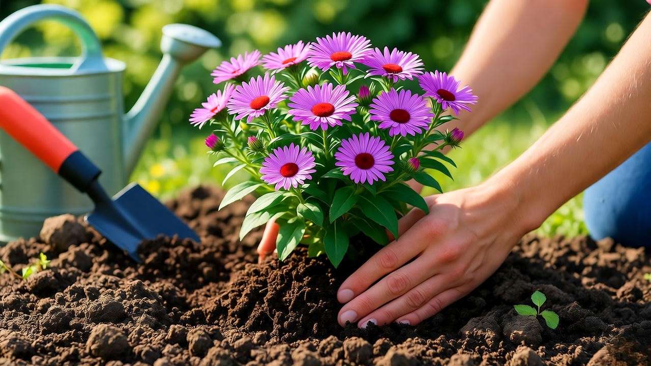 "Gardener planting a pink aster plant with compost in sunny garden soil."
