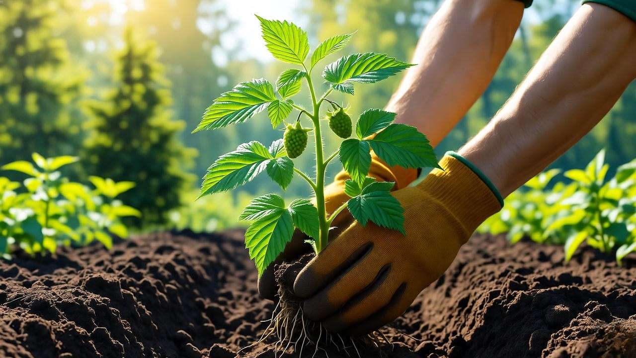 Gardener planting a Raspberry Heritage plant in a prepared trench with sunlight and green foliage."