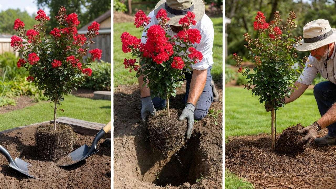 Step-by-step planting of a red crape myrtle tree with gardener and mulch in a sunny garden."