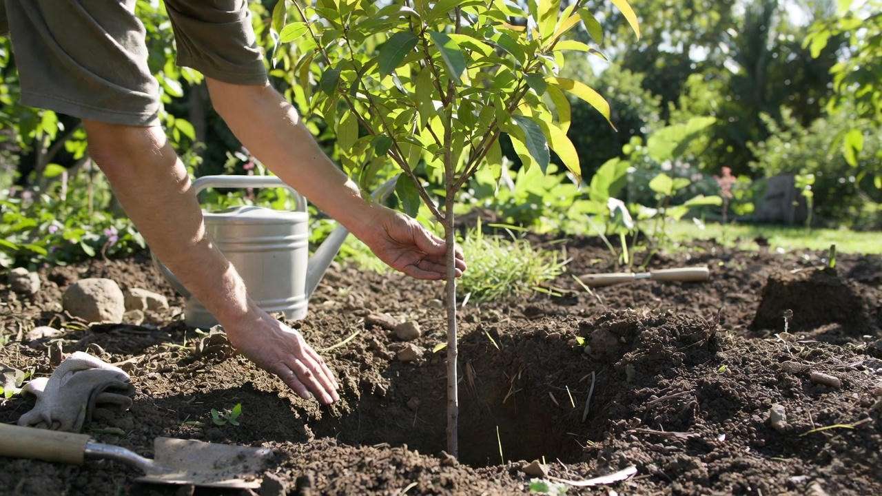 Gardener planting a young Redhaven peach tree with watering can in a sunny garden"