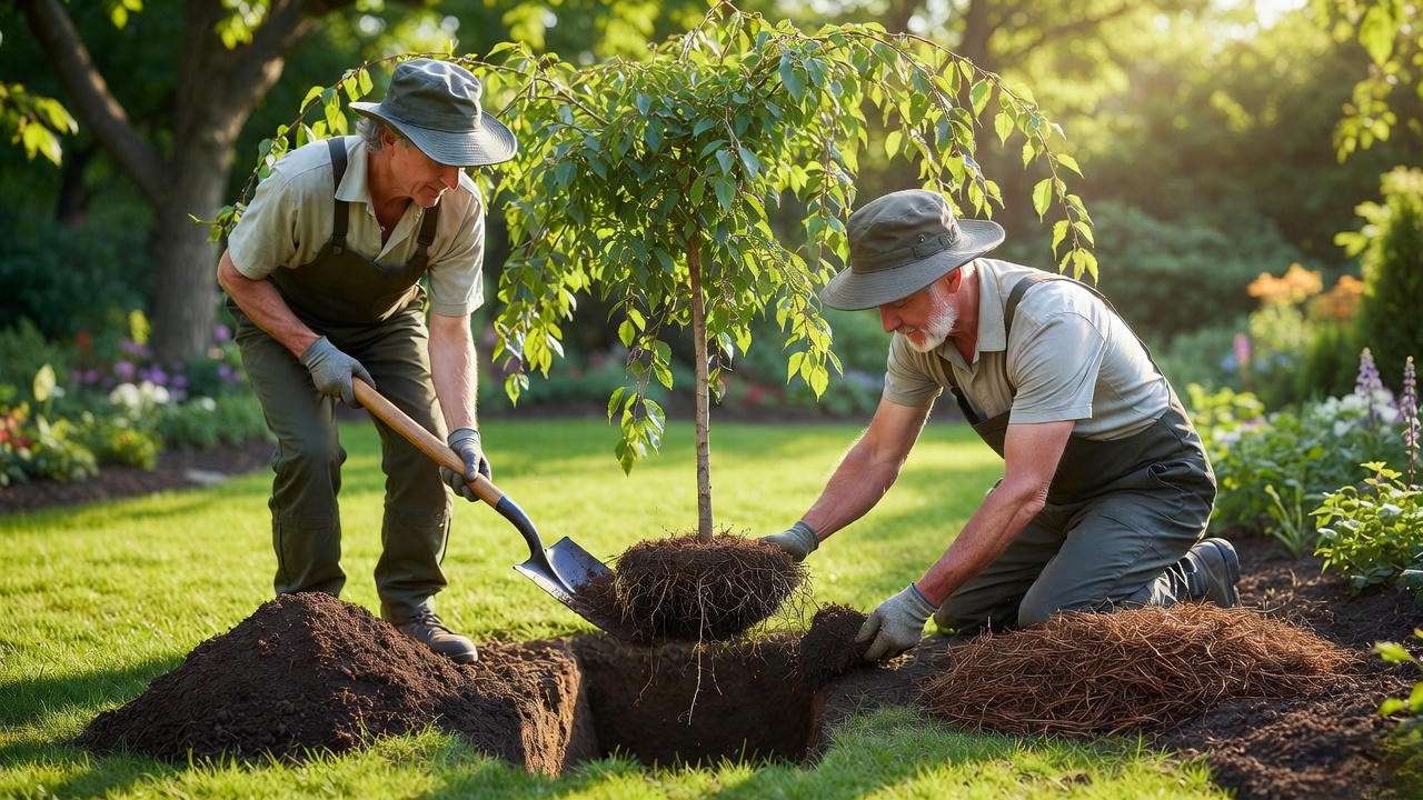 Step-by-step planting guide for a weeping cherry tree dwarf in a small garden."