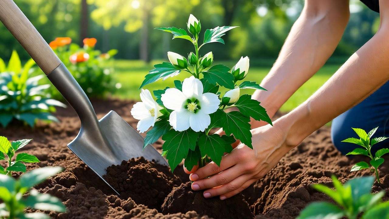 Step-by-step planting guide for a White Rose of Sharon plant in a sunny garden."