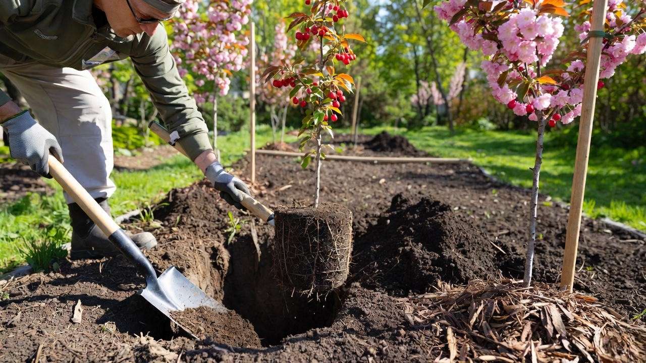 Gardener planting a young cherry tree with mulch and stakes in a sunny garden"