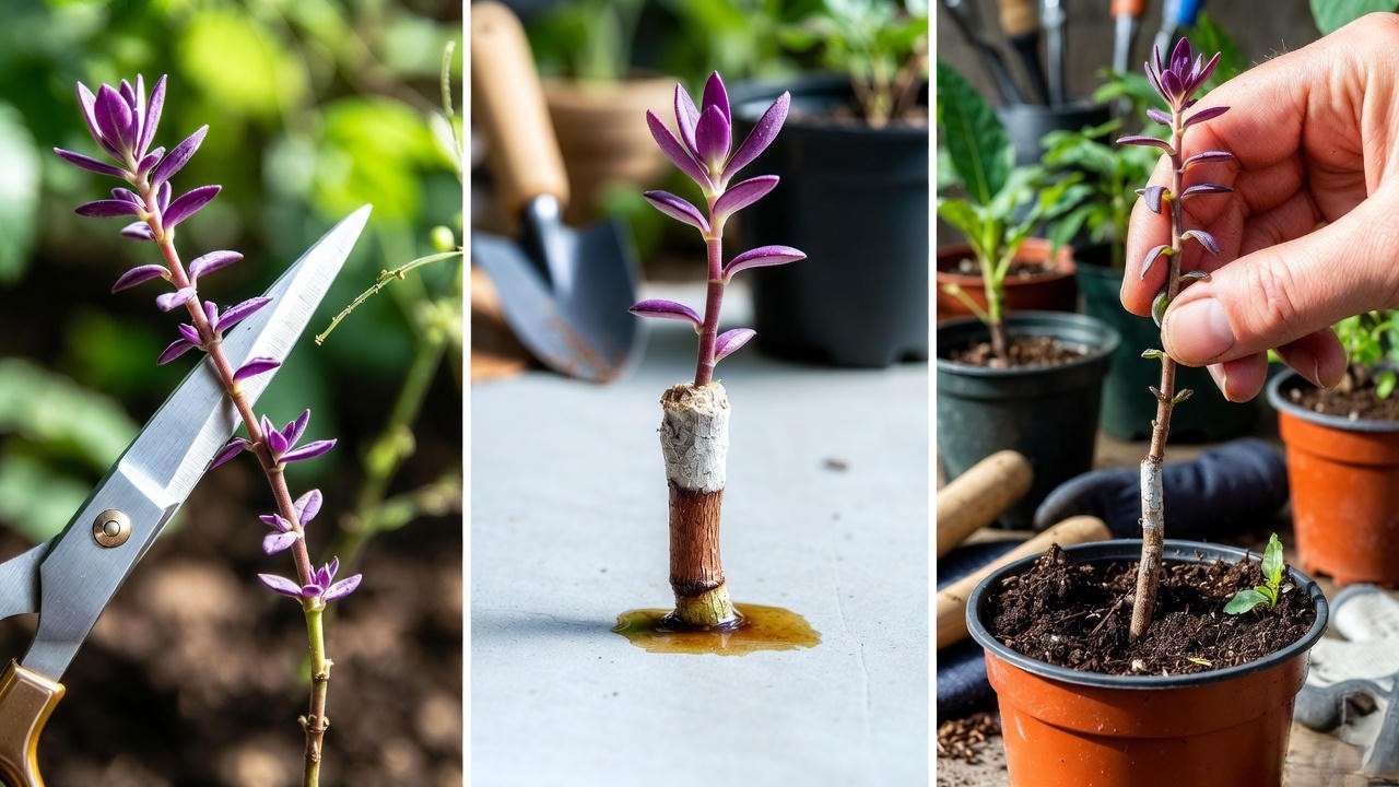 Step-by-step propagation of purple ice plant stem cutting".