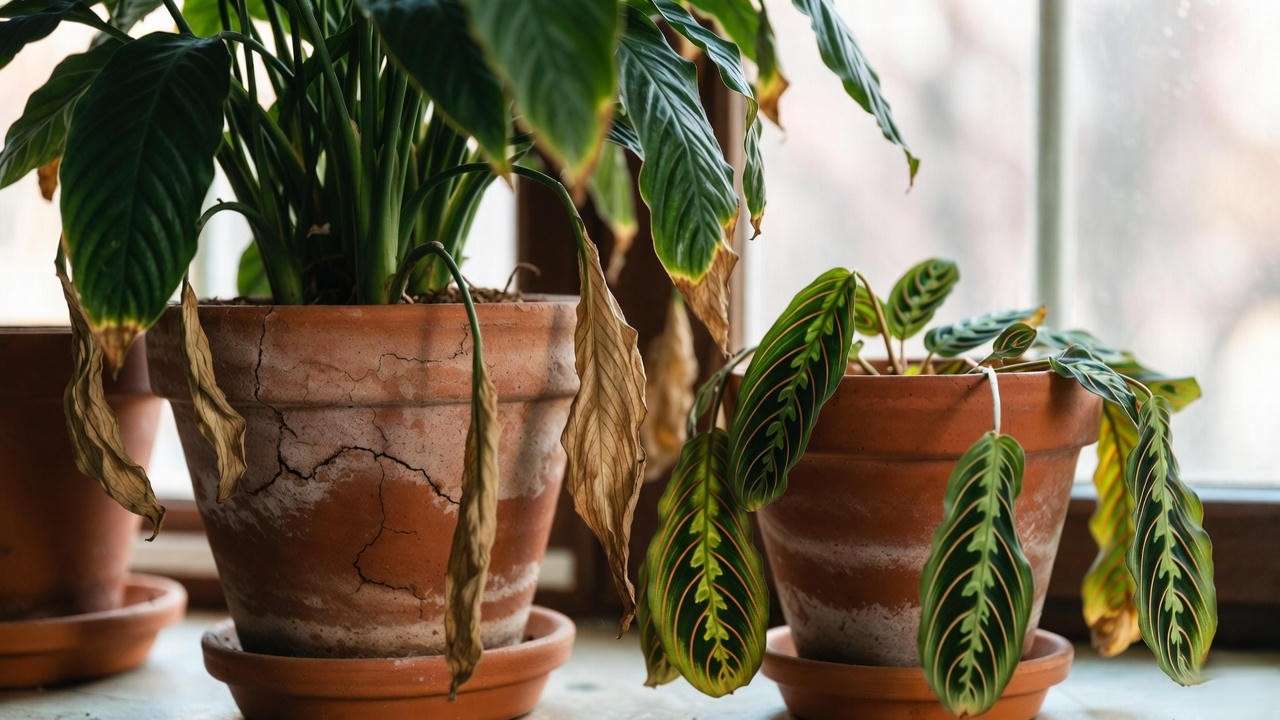 Peace lily and calathea struggling in terracotta garden plant pots