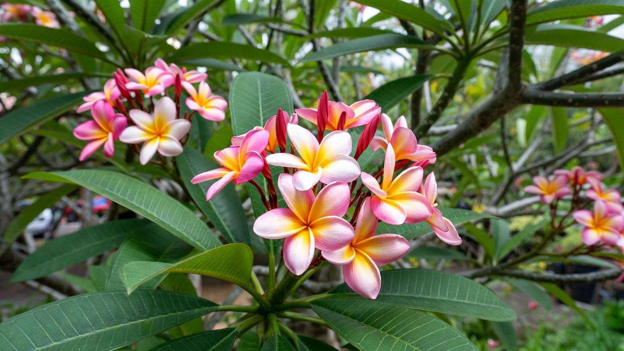 Close-up of a plumeria tree with pink, white, and yellow flowers in a tropical garden, showcasing vibrant blooms under soft sunlight.