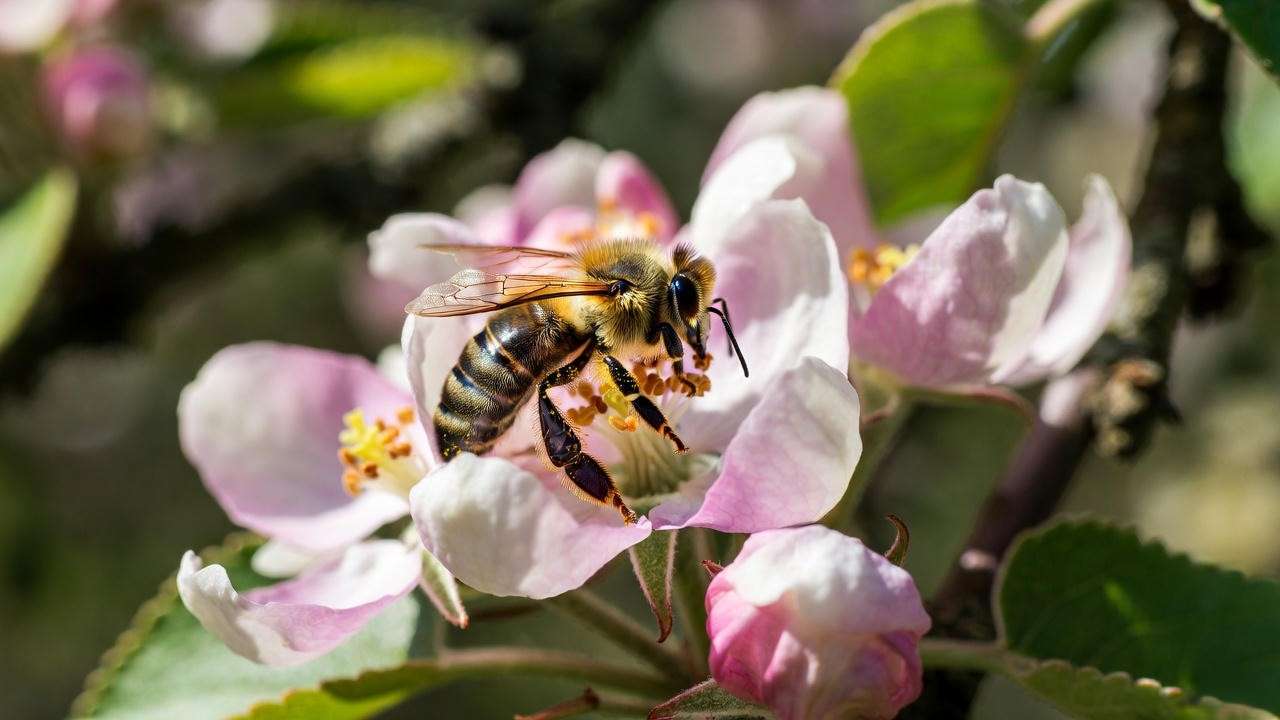 Honey bee pollinating Ein Shemer apple blossoms