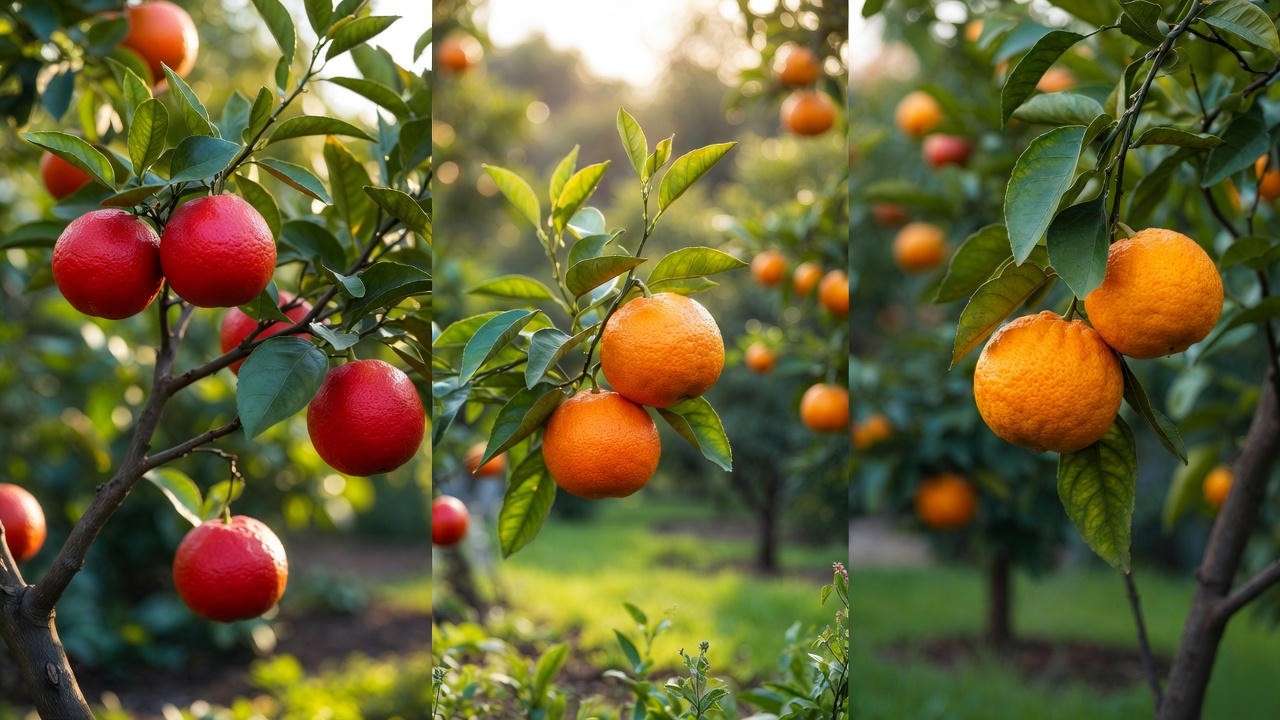 Comparison of Moro, Tarocco, and Sanguinello blood orange citrus tree varieties with ripe fruit."