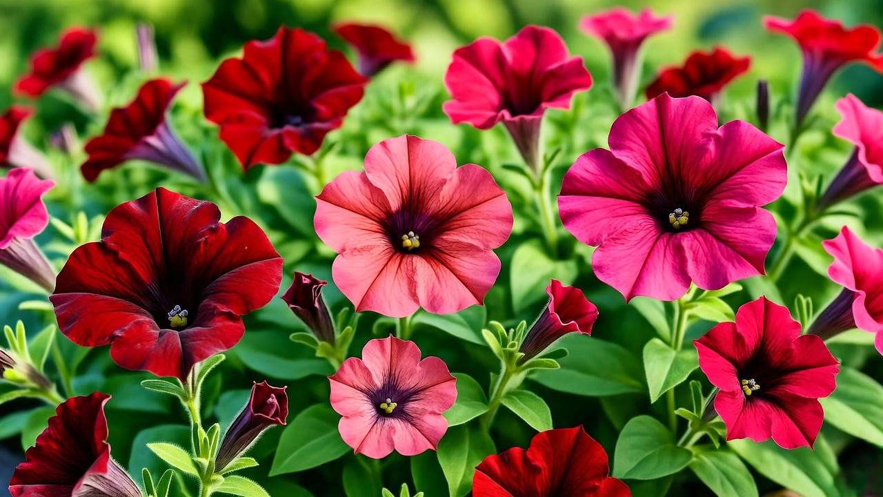 "Close-up of vibrant red petunia varieties in a garden bed under sunlight".