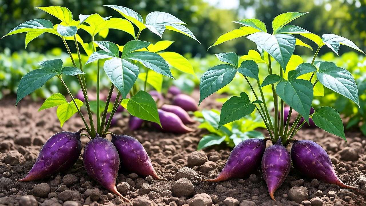 Variety of purple sweet potato plants with lush green vines and vibrant tubers in a sunny garden."