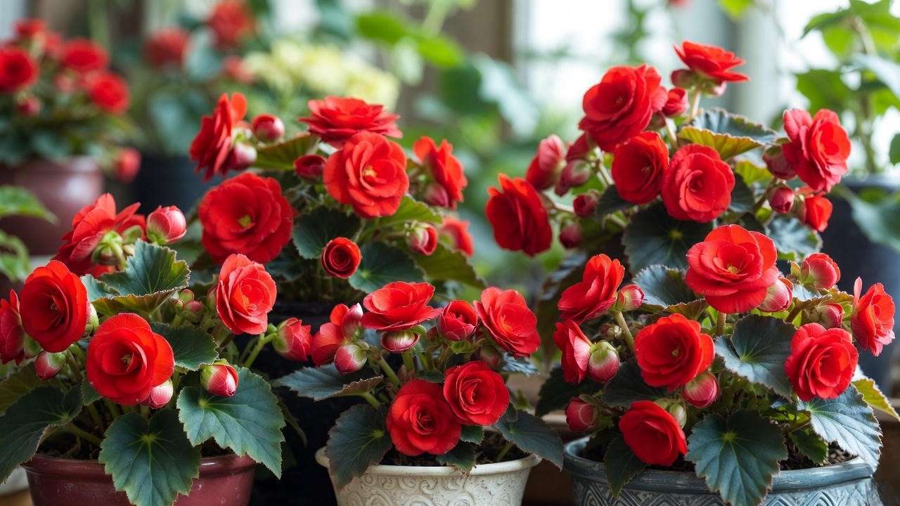 Vibrant red begonia varieties in decorative pots, showcasing lush green foliage and bright blooms in a garden setting.