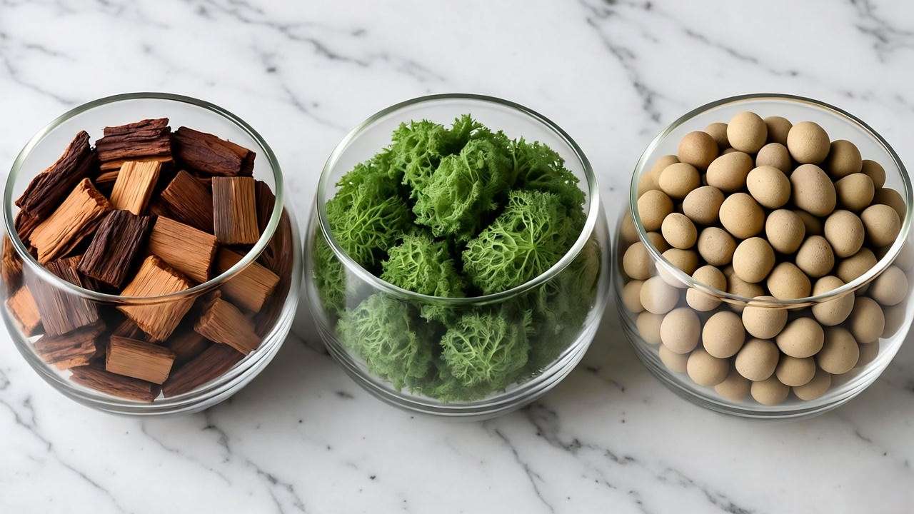 Three orchid potting mixes: fir bark, sphagnum moss, and LECA clay pebbles in clear containers