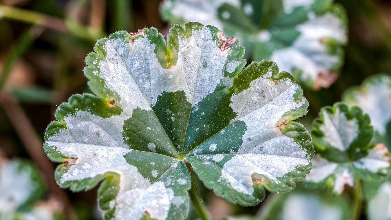 Close-up of powdery mildew white coating on geranium leaves – the most common cause of geranium plant white leaves
