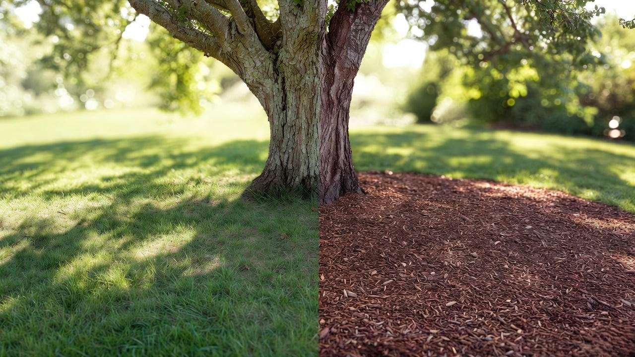 Expanded mulch ring after removing grass competition for healthier tree roots