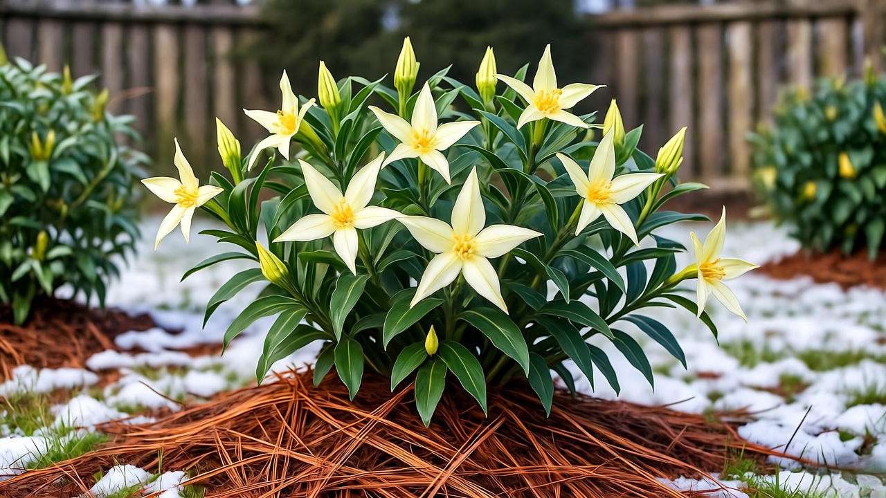 Winterized Texas Star Plant mulched with straw and pine needles in a snowy garden."