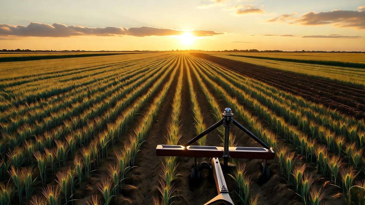 No-till planter in a winter wheat field at sunset with emerging shoots".