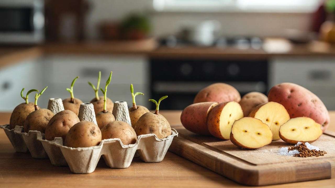 Chitting and cutting seed potatoes with eyes facing up and natural antifungal dusting