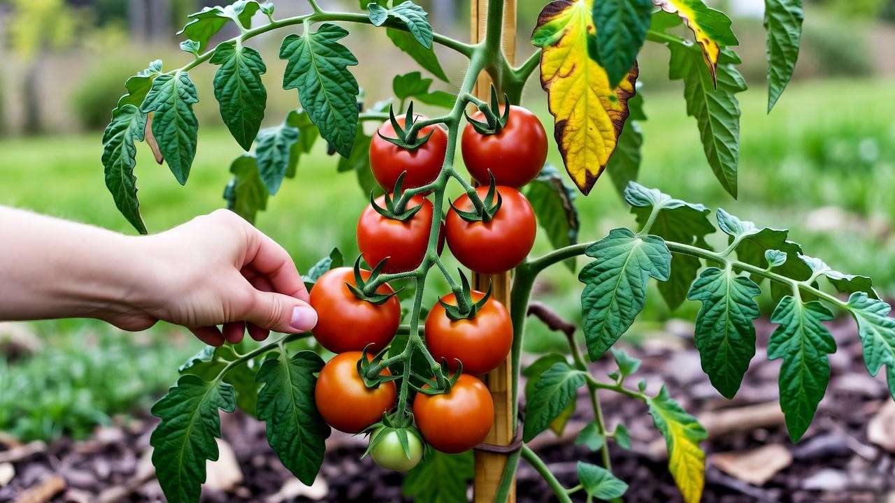 Late-season tomato plant pruning to remove flowers with ripe tomatoes and mulched garden."