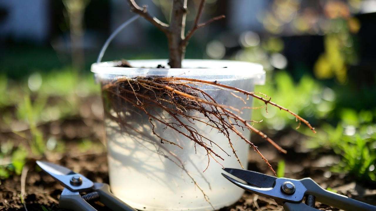 Close-up of bare root peach tree roots soaking in water with pruning shears for planting preparation.